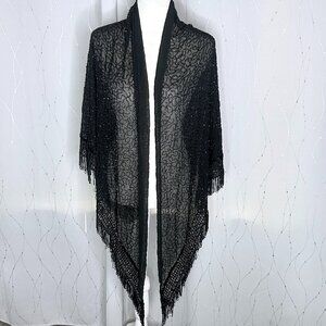 Vintage Black Sheer Sequined Embroidered Wrap Shawl